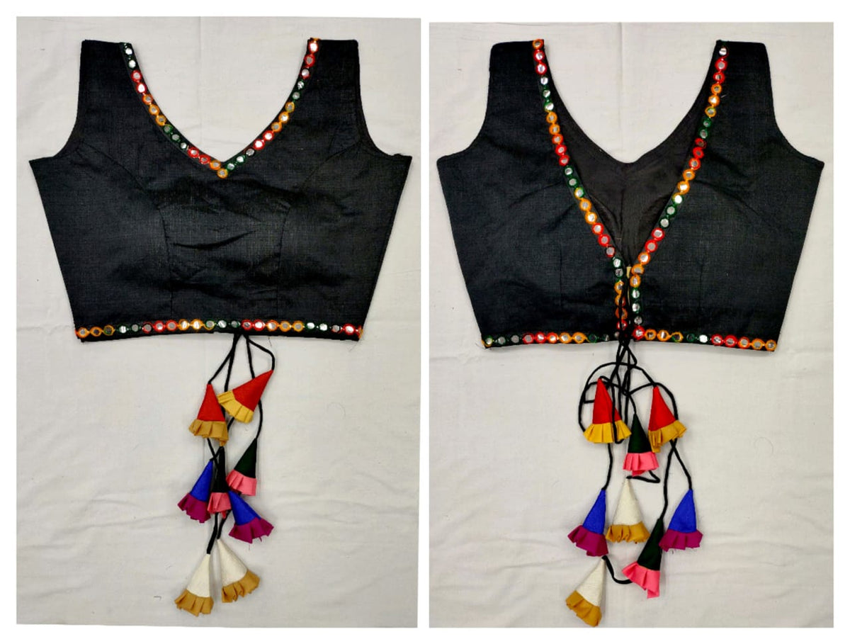 Black Color Ready Made Phantom Silk Jhumkha Latkan Multi Color Kashmiri Work Party Wear Blouse