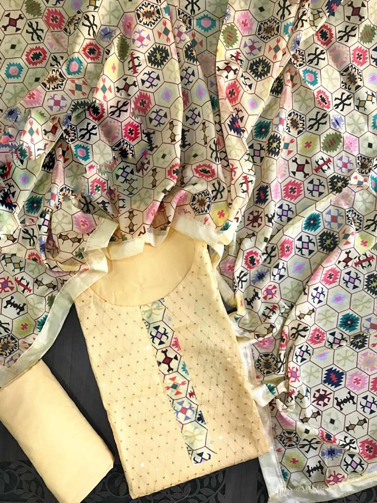 Cream Color Casual Wear Chanderi Tie Printed Fancy Work Dress Material