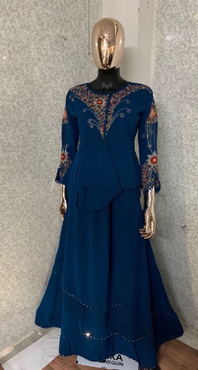 Dazzling Blue Color Georgette Embroidered Work Wedding Wear Indo Western