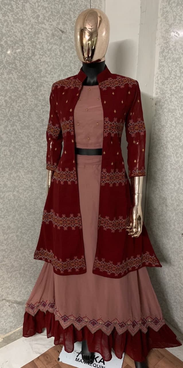 Adorable Maroon Color Georgette Embroidered Work Indo Western