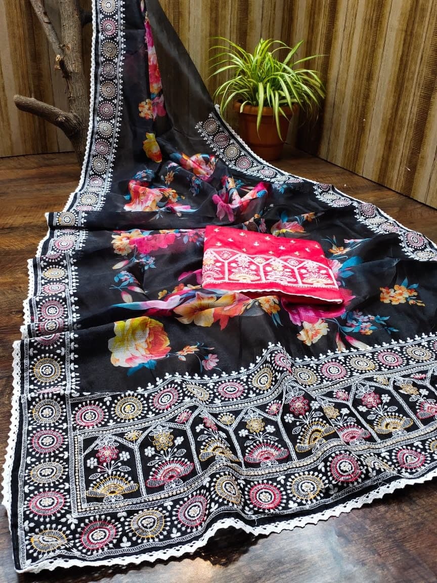 Shattering Black Color Designer Digital Printed Thread Work Organza Saree Blouse