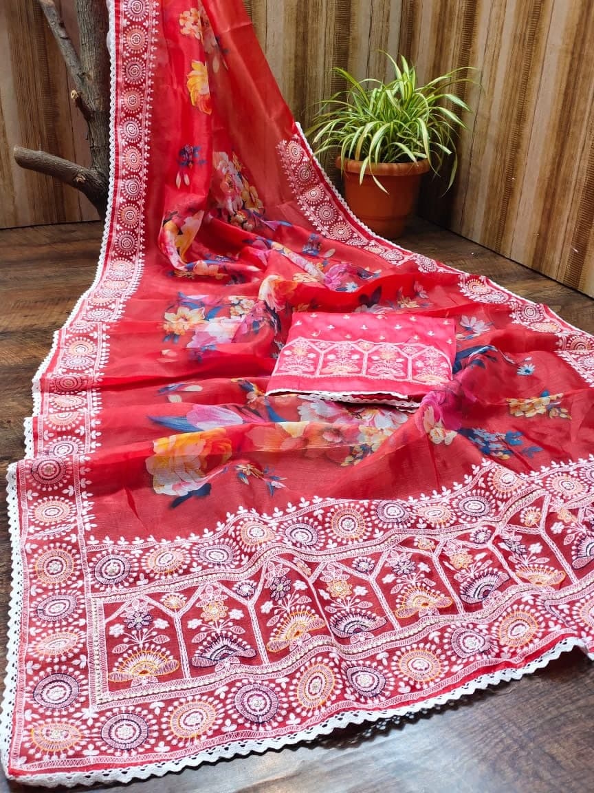Pleasant Red Color Organza Printed Thread Work Occasion Wear Saree Blouse