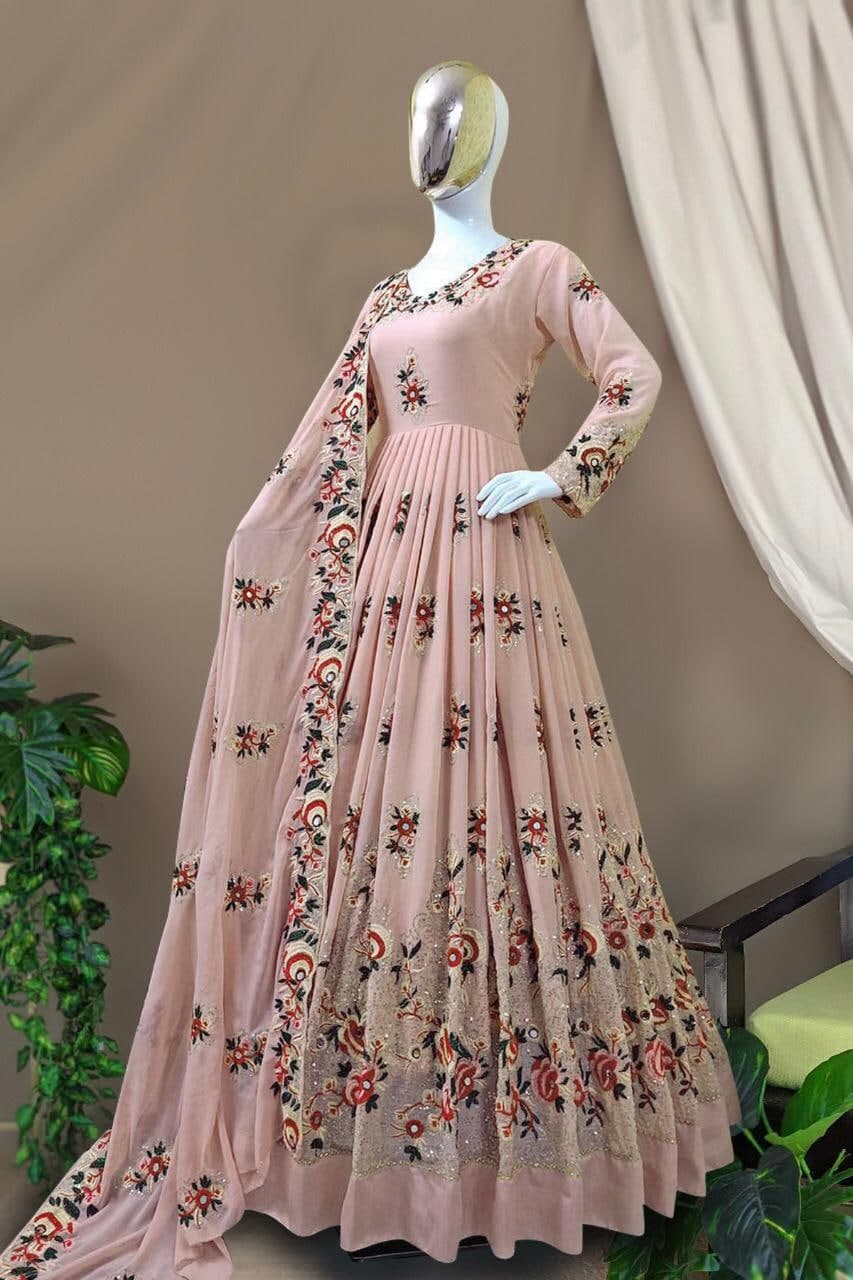 Dazzling Peach Color Party Wear Georgette Embroidered Work Salwar Suit