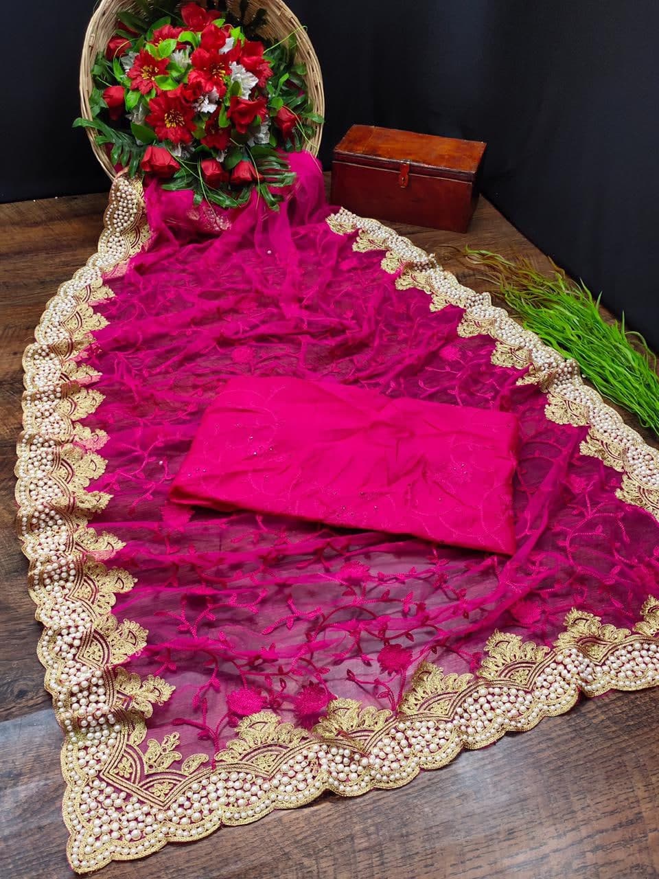 Magenta Color Net Festive Wear Diamond Work Saree Blouse