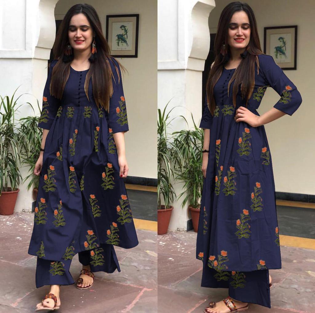 Navy Blue Color Festive Wear Cotton Camric Designer Printed Full Stitched Kurti Plazo