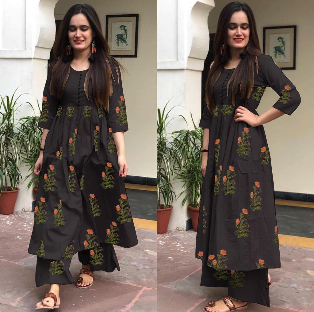 Casual Wear Black Color Designer Printed Camric Cotton Kurti Plazo Ready Made