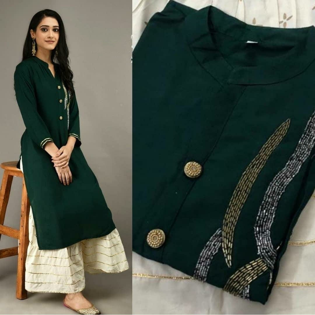 Dark Green Color Festive Wear Ready Made Rayon Hand Fancy Work Kurti Plazo