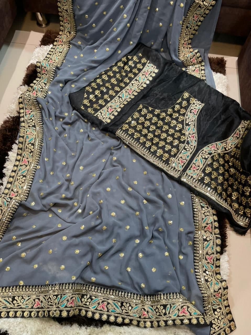Graceful Grey Color Occasion Wear Georgette Multi Sequence Work Saree Blouse