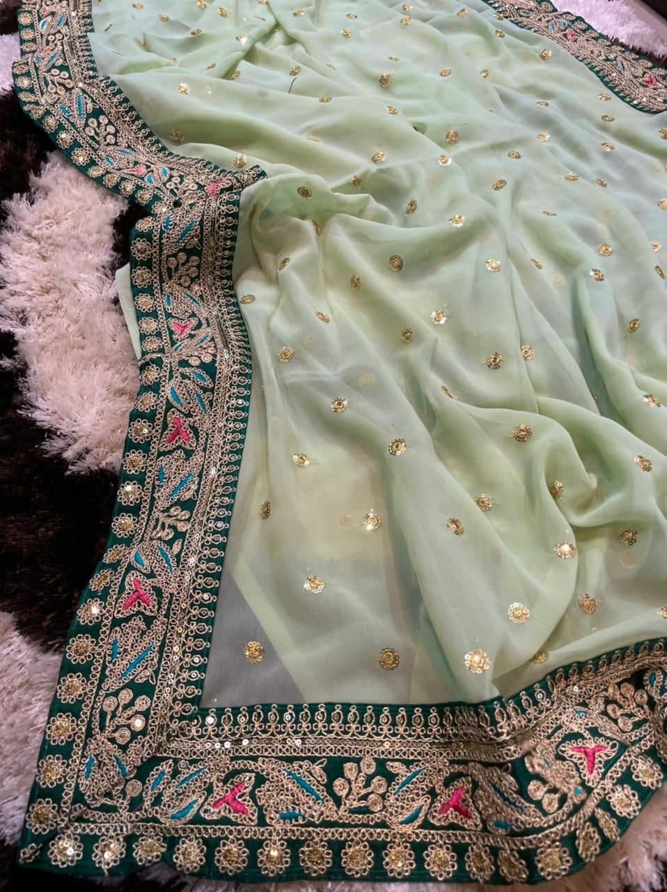 Intricate Light Green Color Wedding Wear Georgette Sequence Work Saree Blouse