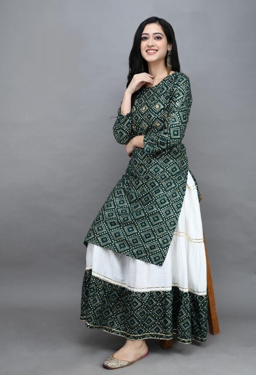 Dark Green Color Ready Made Rayon Fancy Button Printed Plazo Kurti