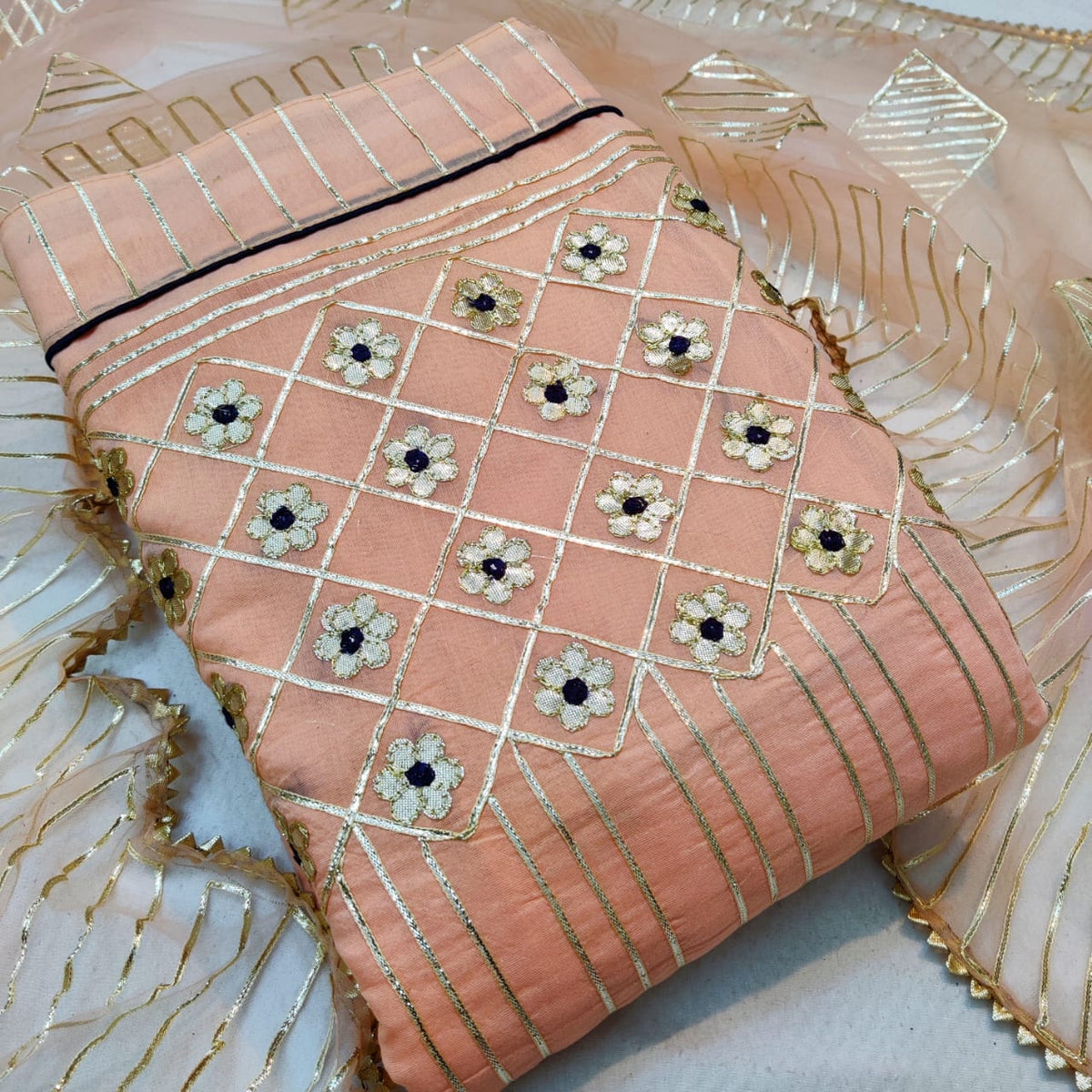 Light Peach Color Occasion Wear Chanderi Gotta Patti Work Semi Modal Dress Material