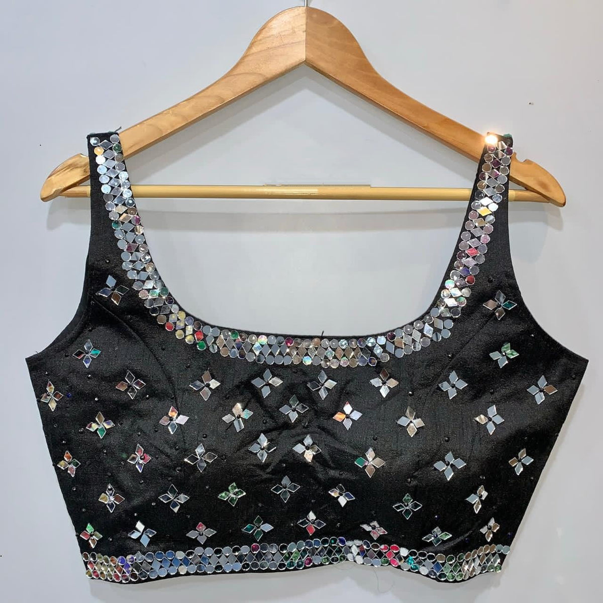 Black Color Stone Mirror Work Fancy Silk Phantom Design Full Stitched Blouse