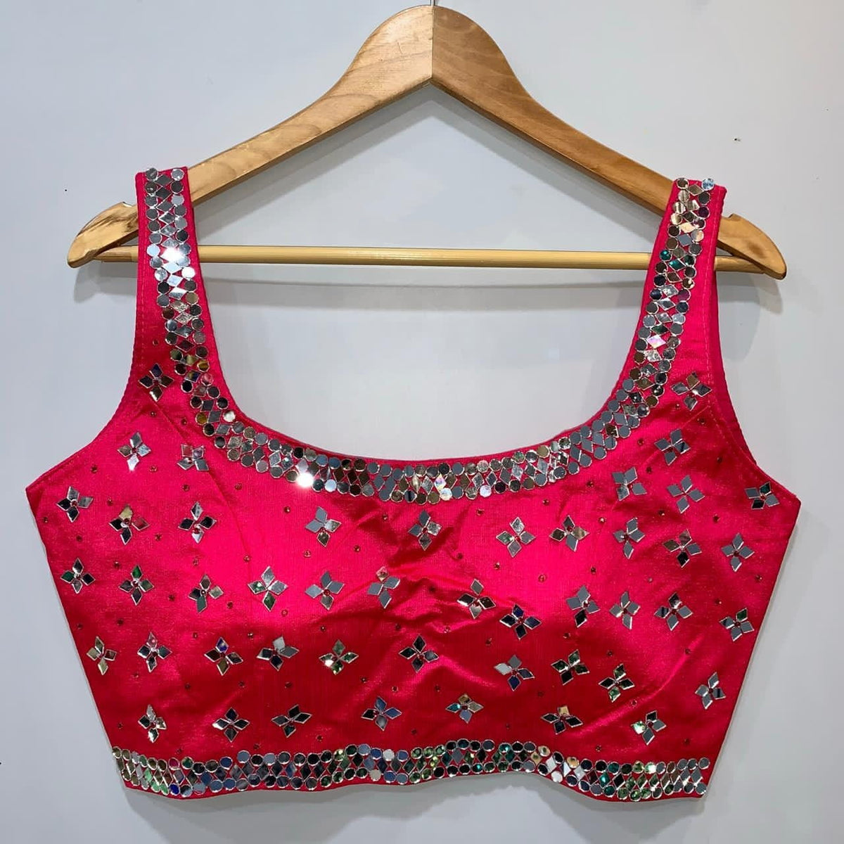 Rani Pink Color Phantom Silk Designer Stone Mirror Work Full Stitched Blouse