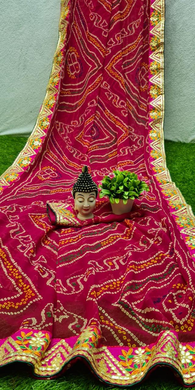 Rani Pink Color Soft Bandhani Georgette Gotta Patti Lace Border Printed Designer Saree Blouse