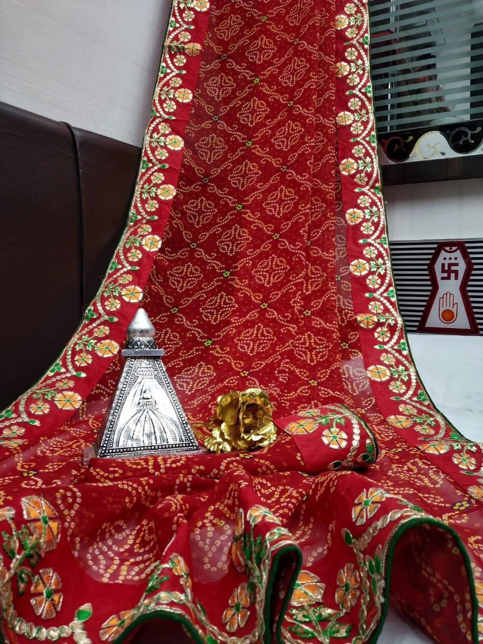 Maroon Color Wedding Wear Gotta Patti Border Lace Georgette Bandhani Printed Designer Saree Blouse