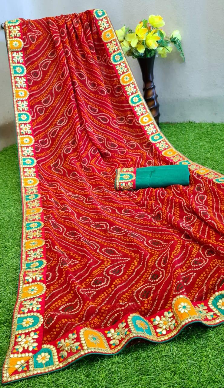 Maroon Color Bandhej Printed Design Georgette Designer Casual Wear Designer Saree Blouse