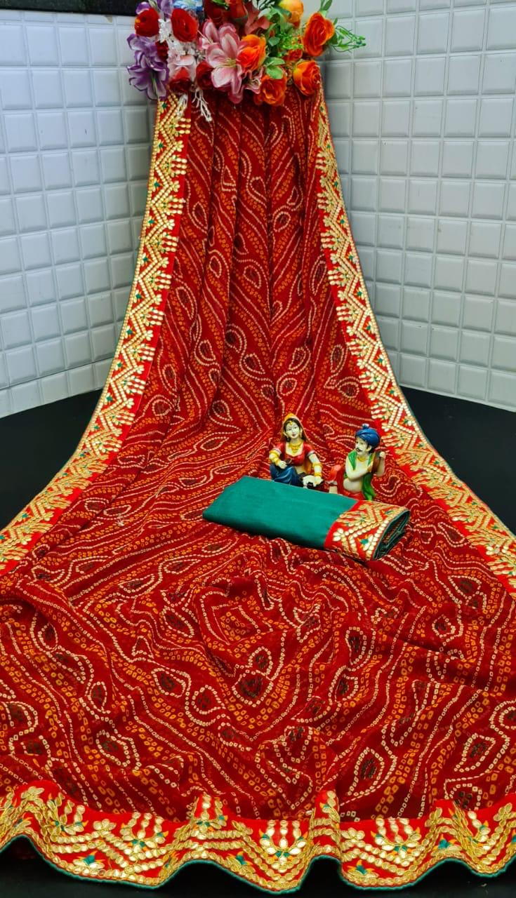 Dark Red Color Festive Wear Georgette Bandhani Printed Gotta Patti Lace Border Designer Saree Blouse