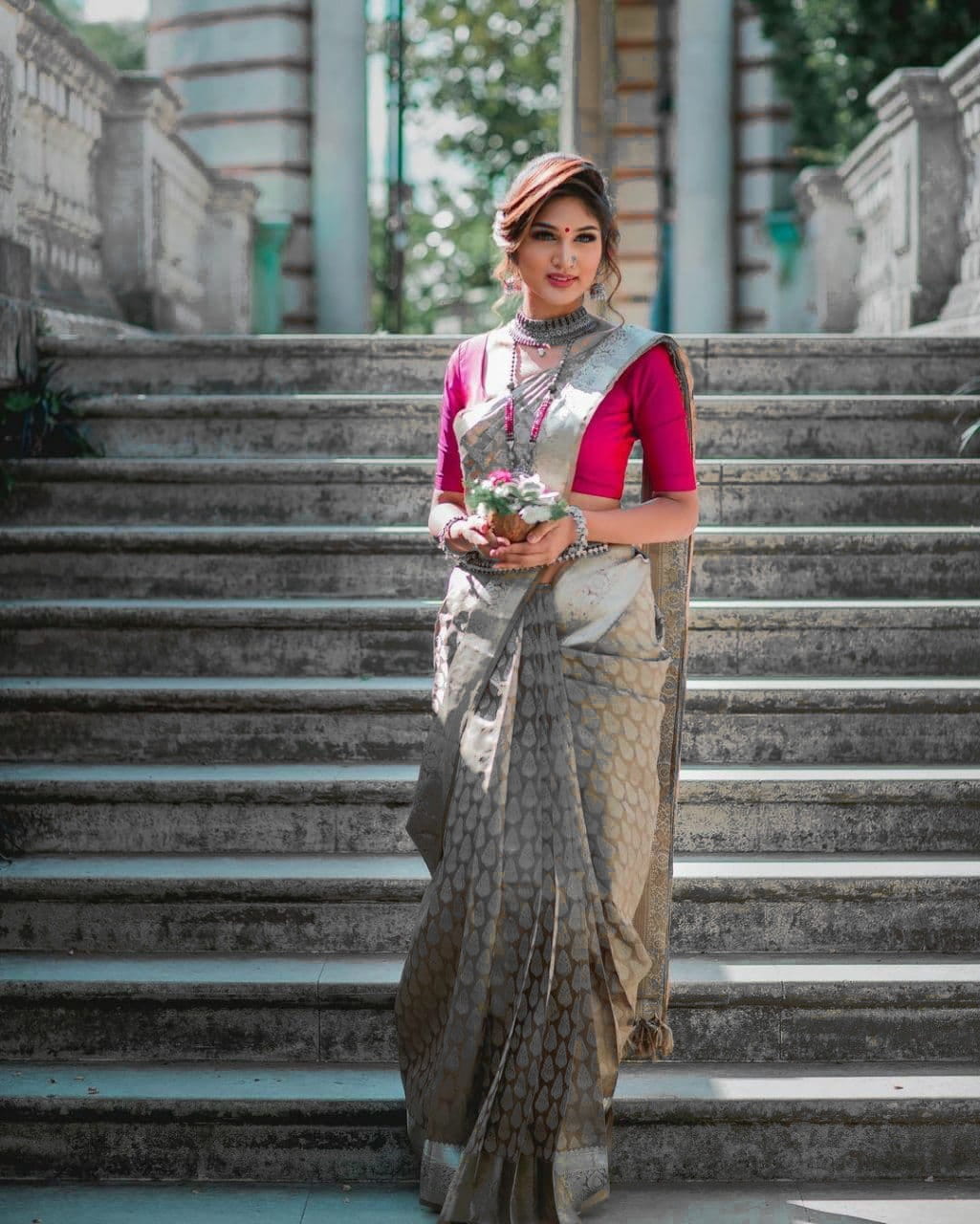 Grey Color Wedding Wear Kanchipuram Silk All Over Silver Zari Traditional Butta Work Designer Saree Blouse