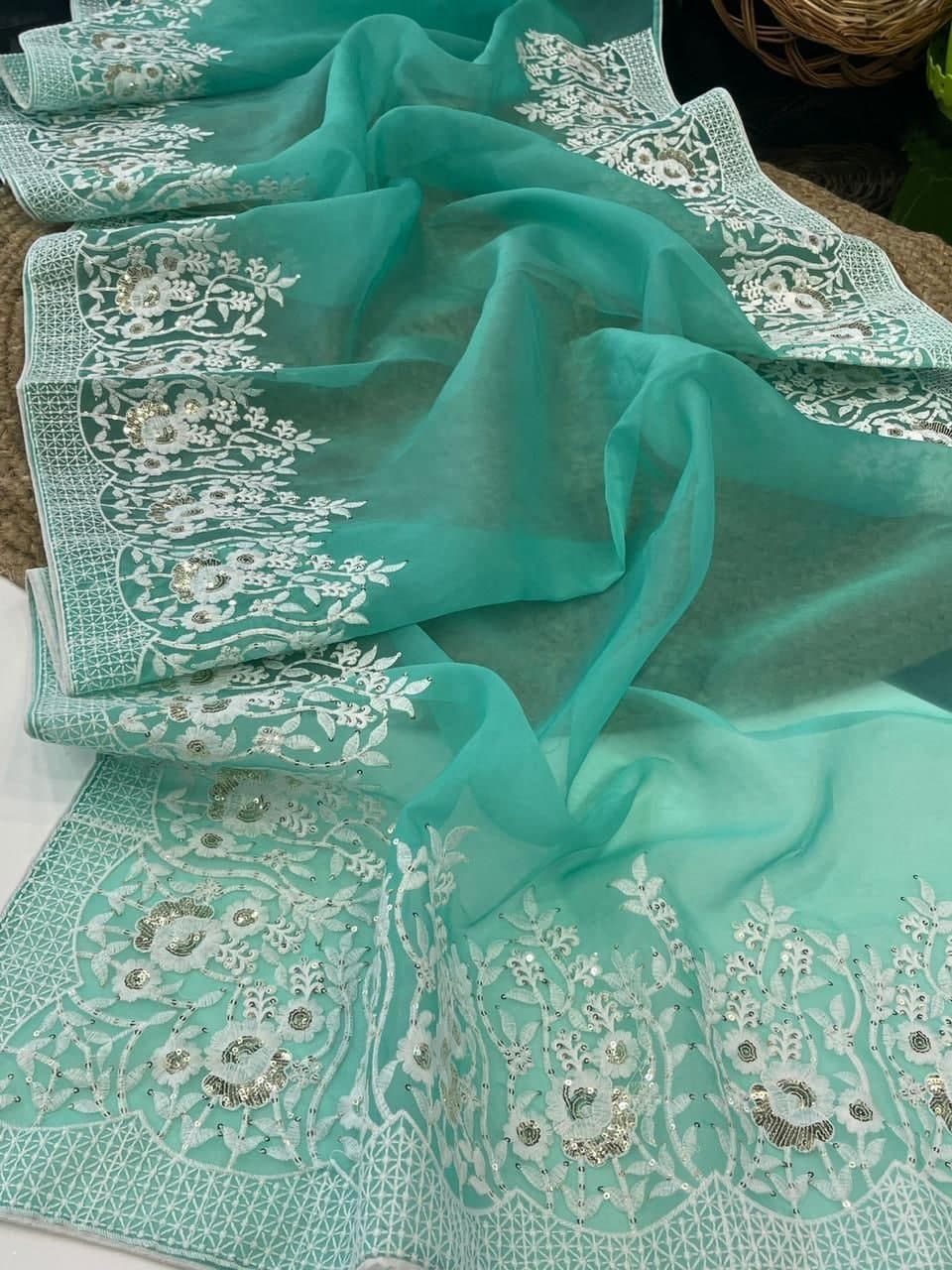 Decent Sea Green Color Running Wear Organza Sequence Work Saree Blouse