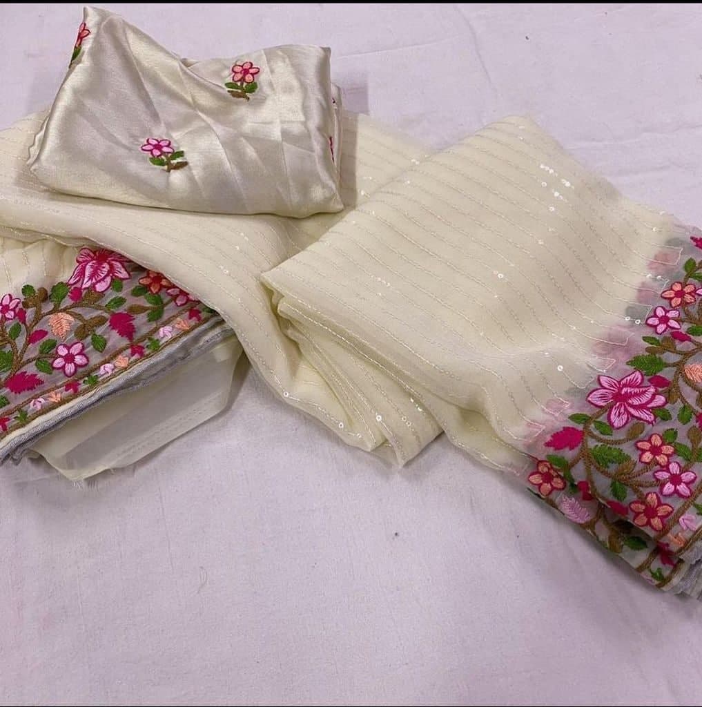 Blooming Off White Color Occasion Wear Georgette Embroidered Work Saree Blouse