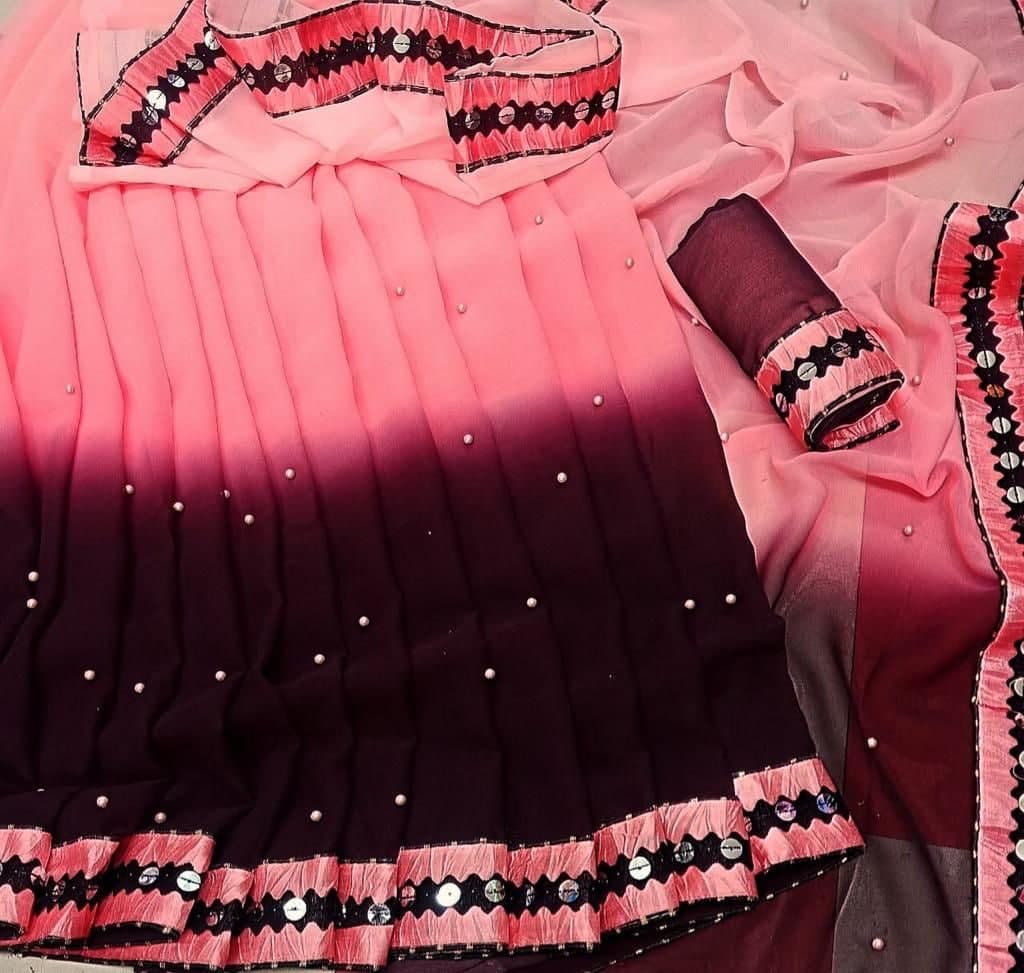Fashionable Pink Color Lace Work Georgette Wedding Wear Saree Blouse