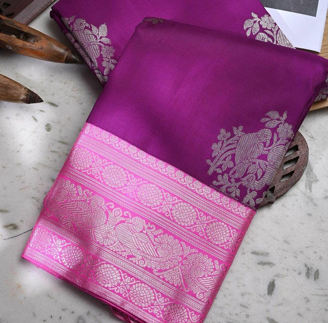 Purple Color Party Wear Silk Lichi Design All Over Work Jacquard Designer Saree Blouse