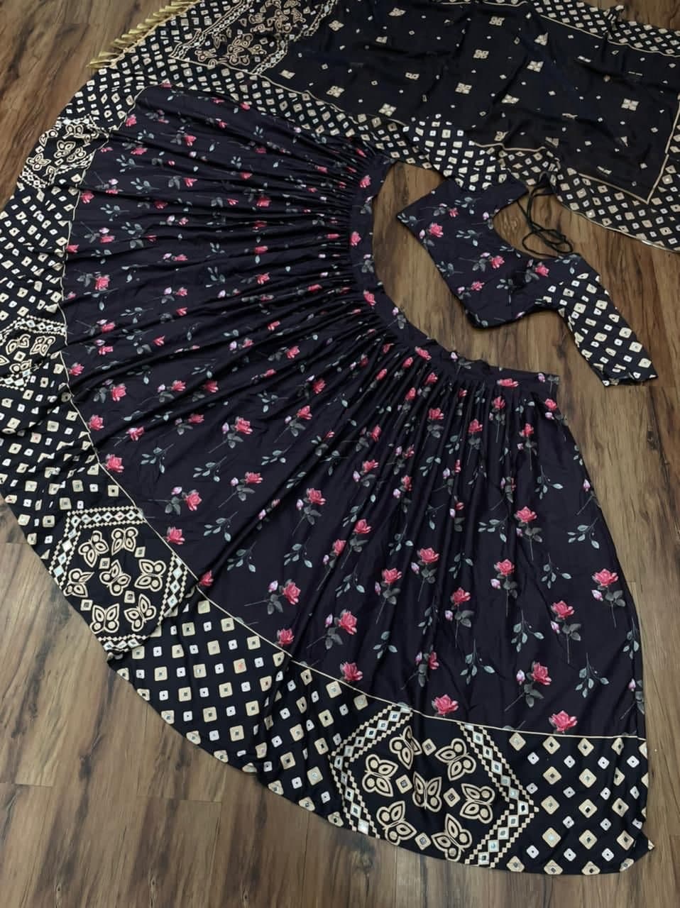 Attractive Black Color Crape Printed Mirror Work Function Wear Lehenga Choli
