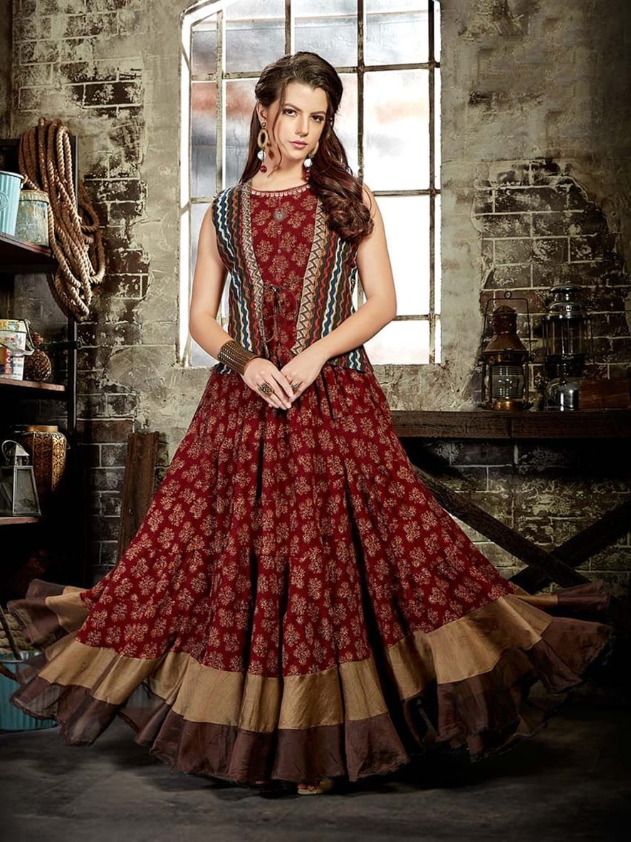 Maroon Color Festive Wear Digital Printed Fancy Chanderi Cotton Long Full Stitched Kurti