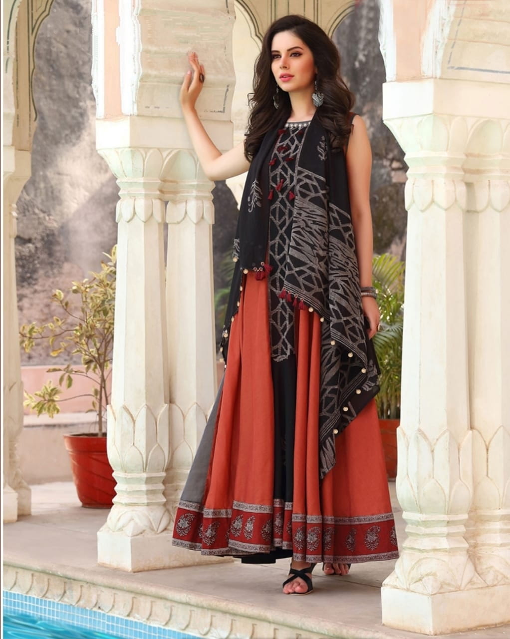 Black Color Party Wear Cotton Digital Printed Chanderi Design Long Ready Made Kurti