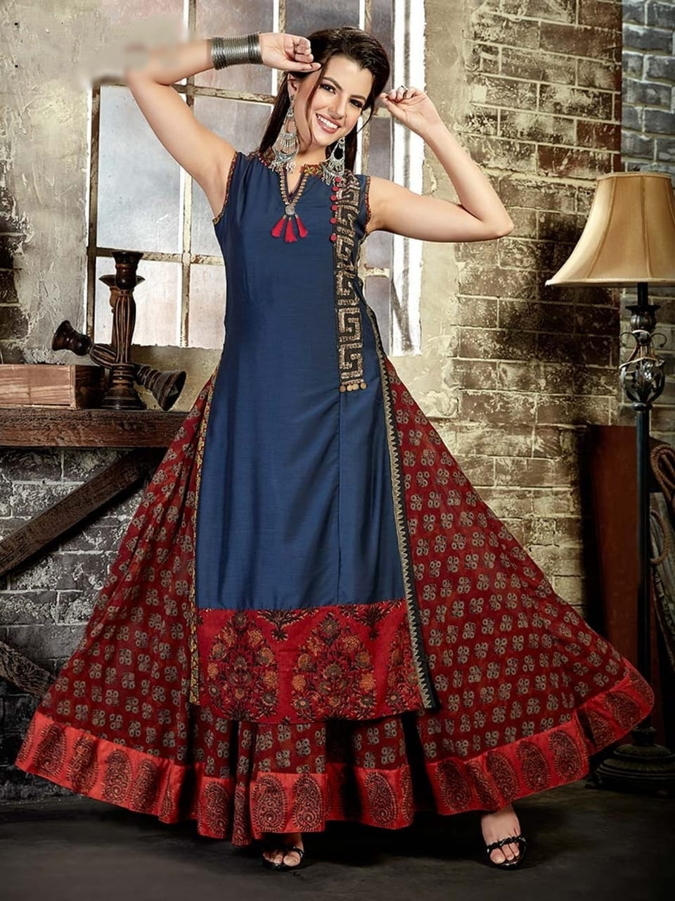 Blue Color Chanderi Digital Printed Cotton Full Stitched Long Kurti