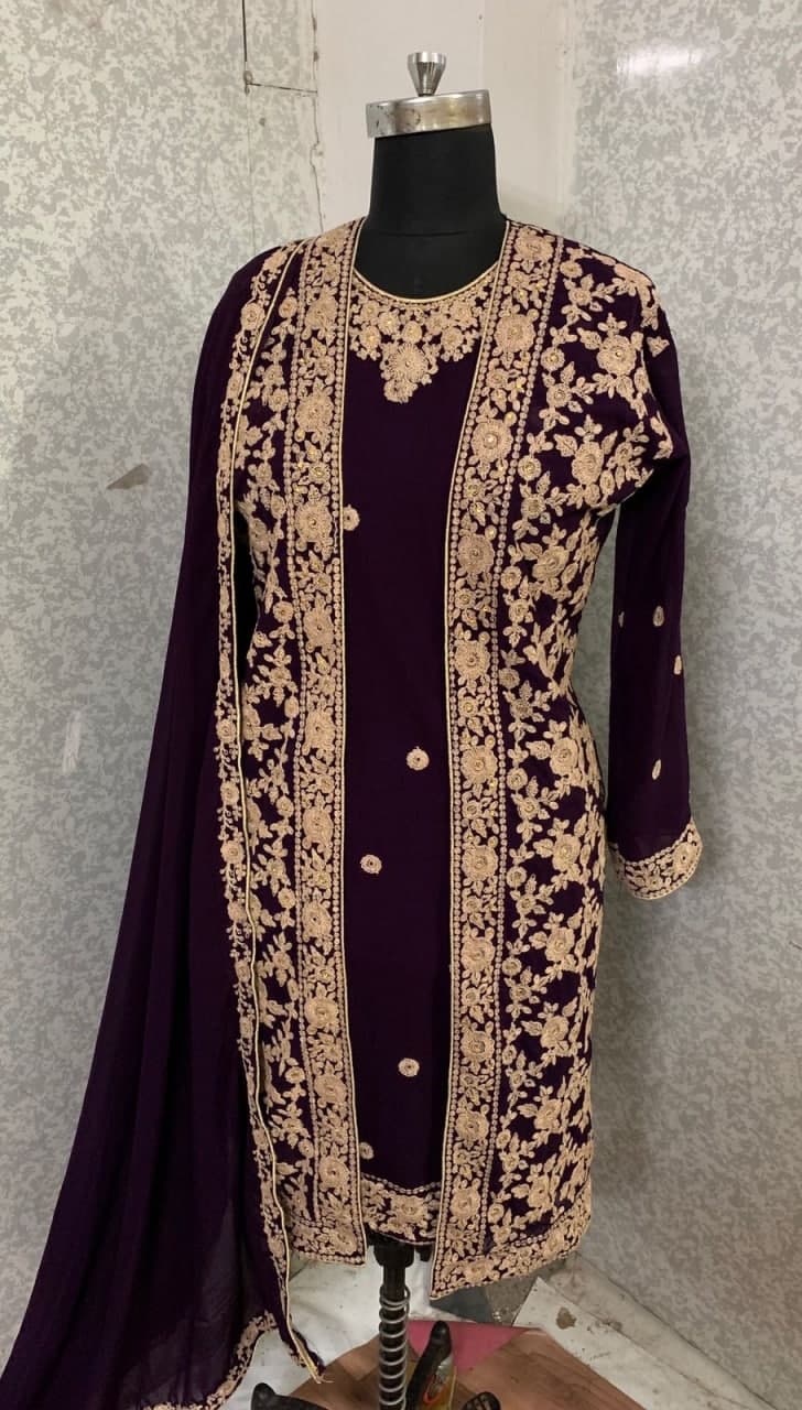 Preferable Wine Color Georgette Embroidered Work Indo Western Suit For Women