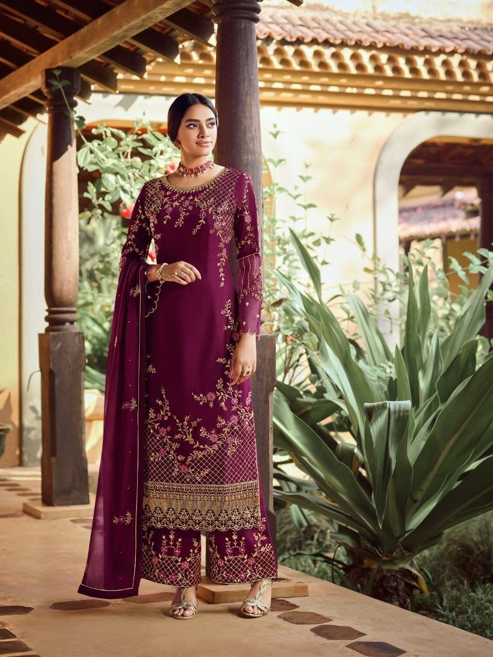 Striking Wine Color Georgette Embroidered Work Salwar Suit For Occasion Wear