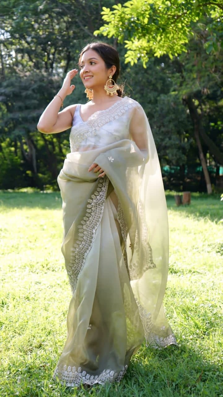Attractive Mehendi Green Color Party Wear Organza Sequence Work Lace Saree Blouse