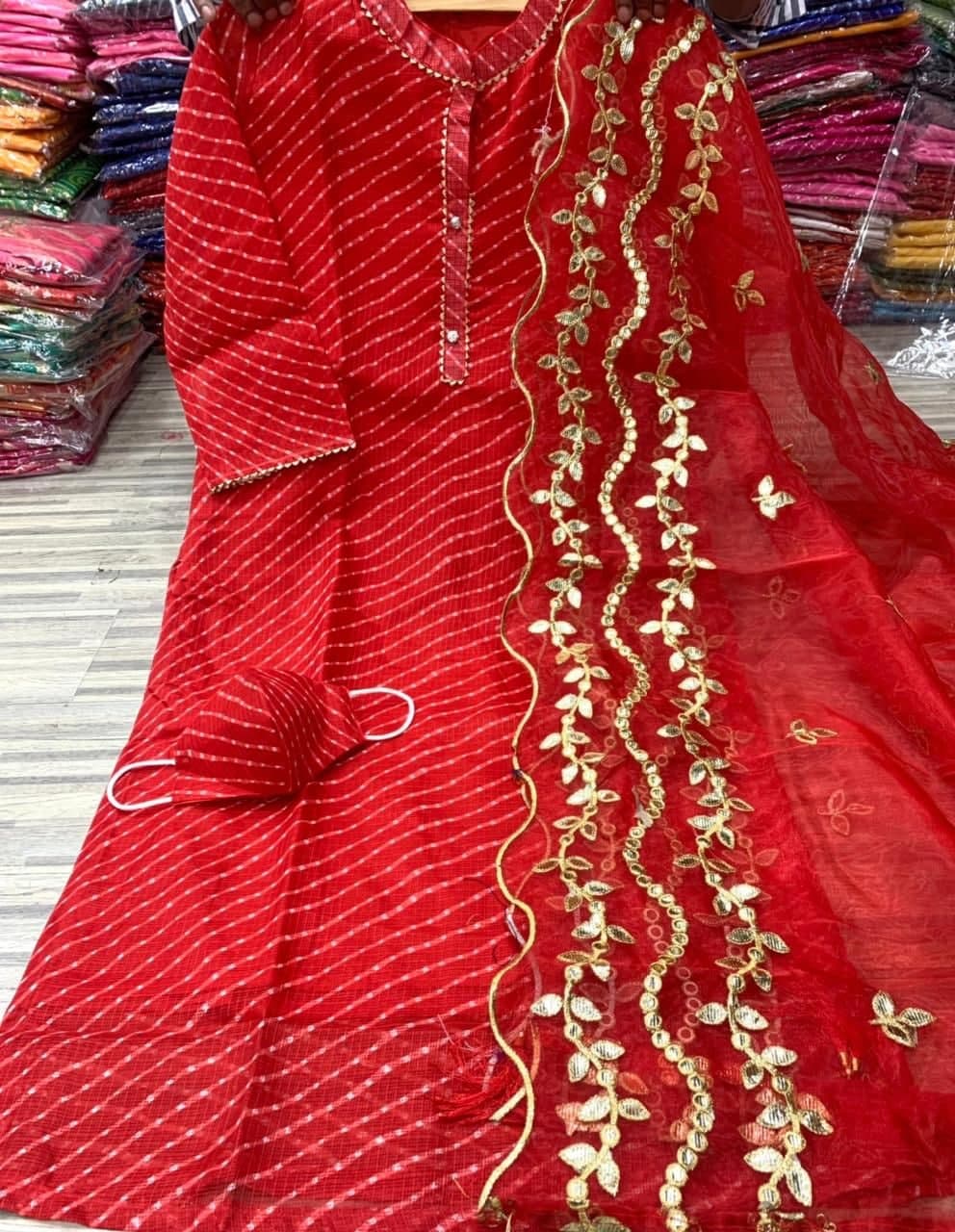 Graceful Red Color Gotta Patti Leheriya Kota Checks Kurti Dupatta Design