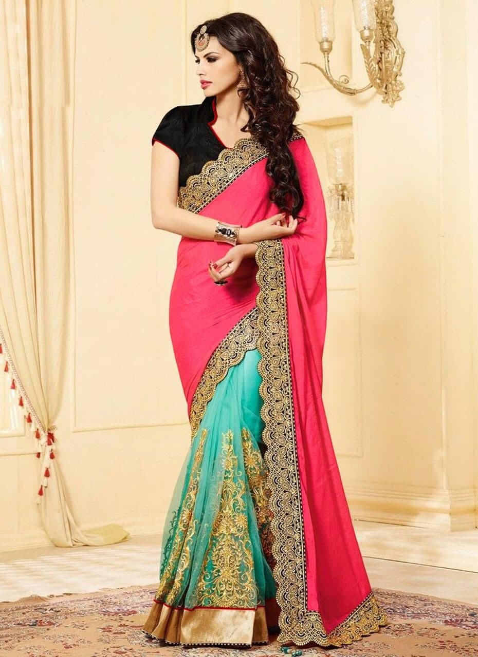Flattering Pink Color Chiffon Designer Embroidered Work Fancy Saree Blouse