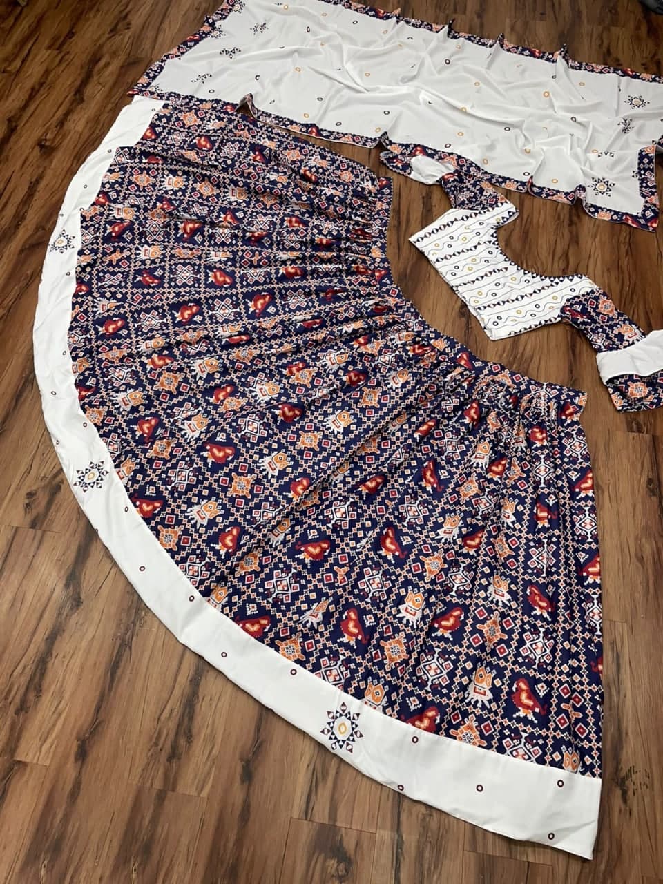 Decent Navy Blue Color Function Wear American Crape Printed Lehenga Choli