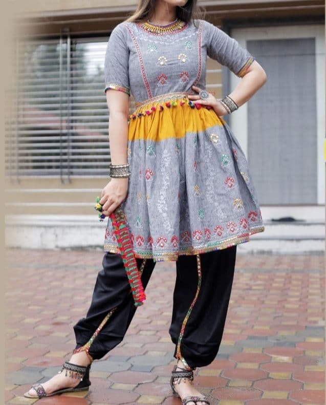 Phenomenal Grey Color Ready Made Cotton Mirror Work Dhoti Top For Ladies