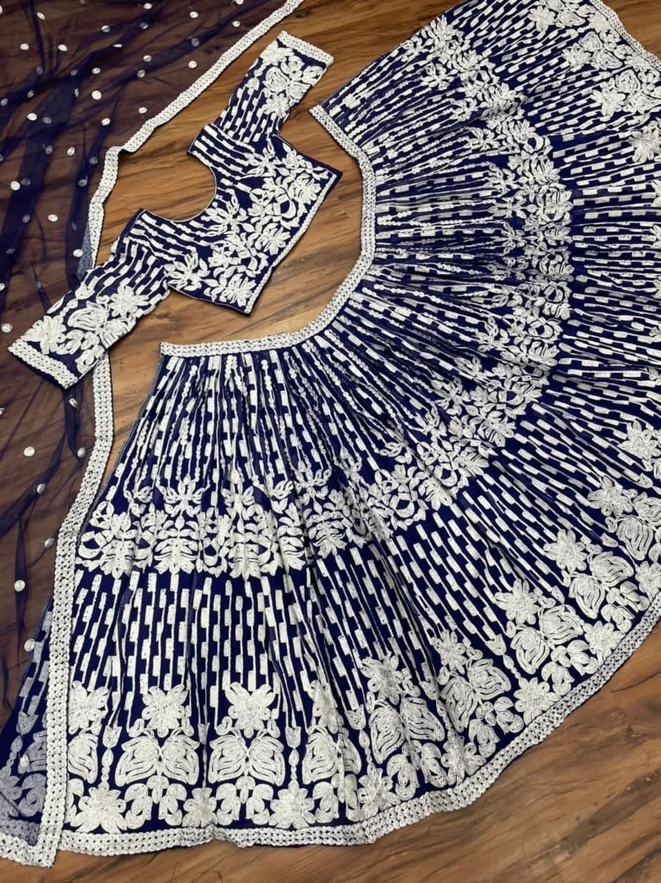 Graceful Navy Blue Color Georgette Design Chine Stitched Work Lehenga Choli
