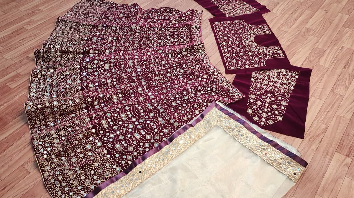 Prodigious Wine Color Wedding Wear Velvet Embroidered Work Lehenga Choli