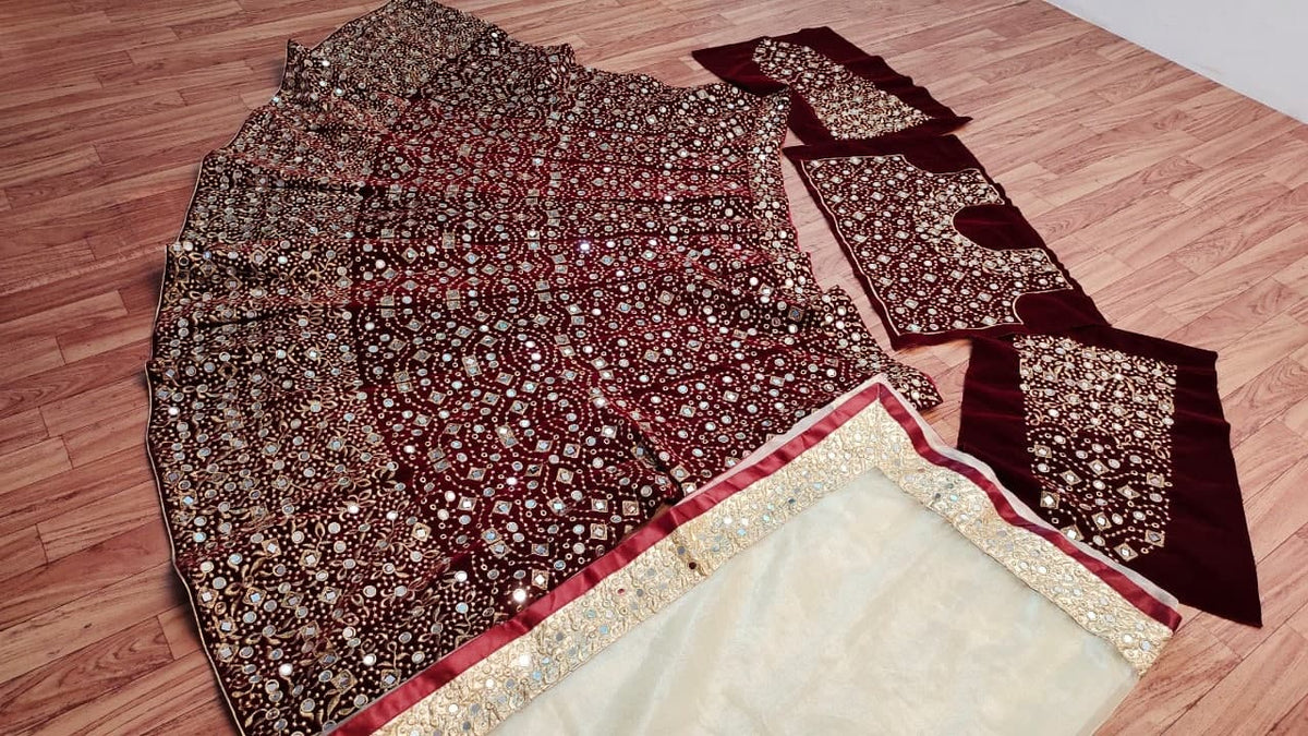 Classic Maroon Color Wedding Wear Velvet Mirror Work Lehenga Choli