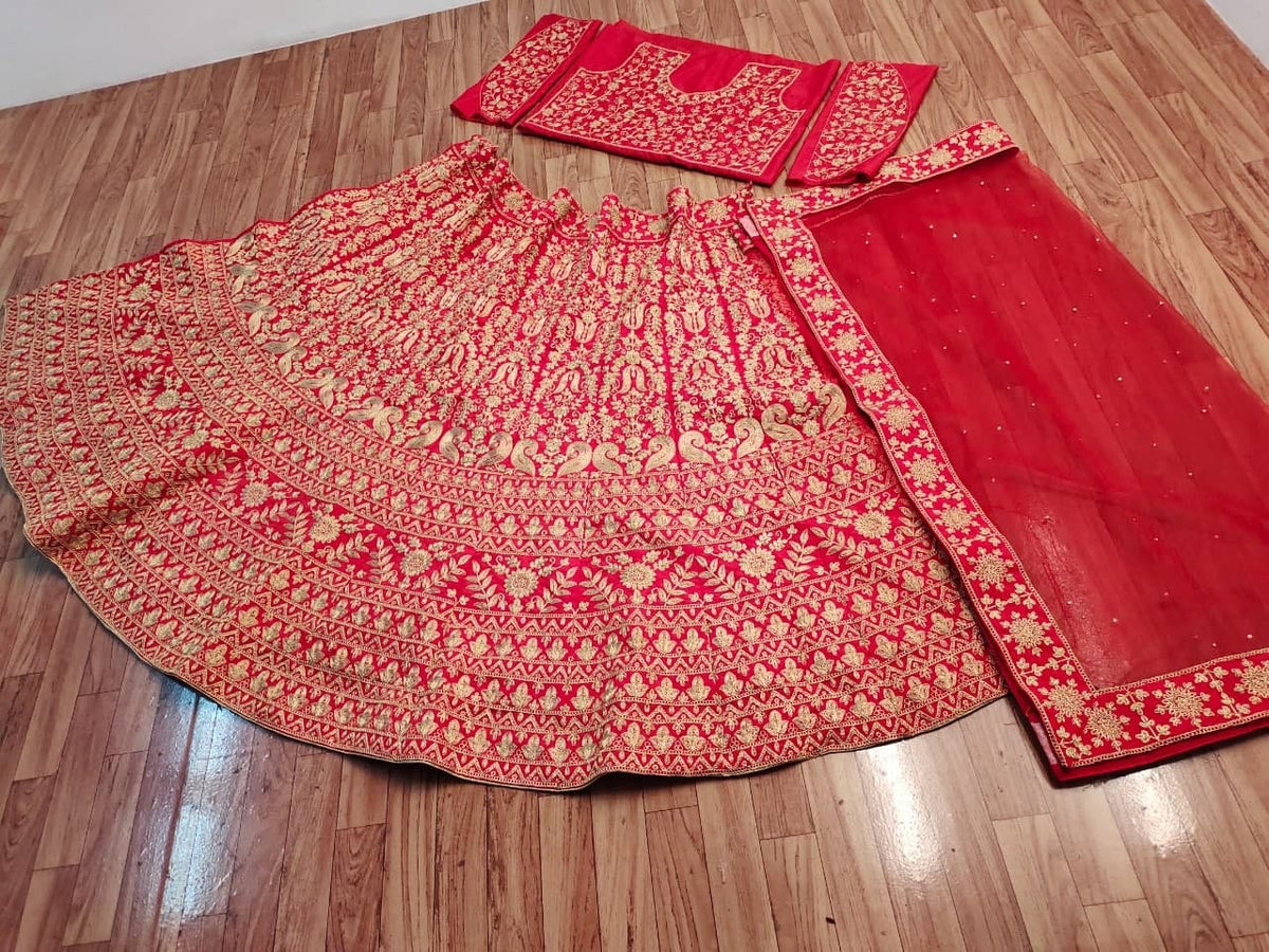 Prodigious Red Color Wedding Wear Taffeta Silk Coding Embroidered Work Lehenga Choli