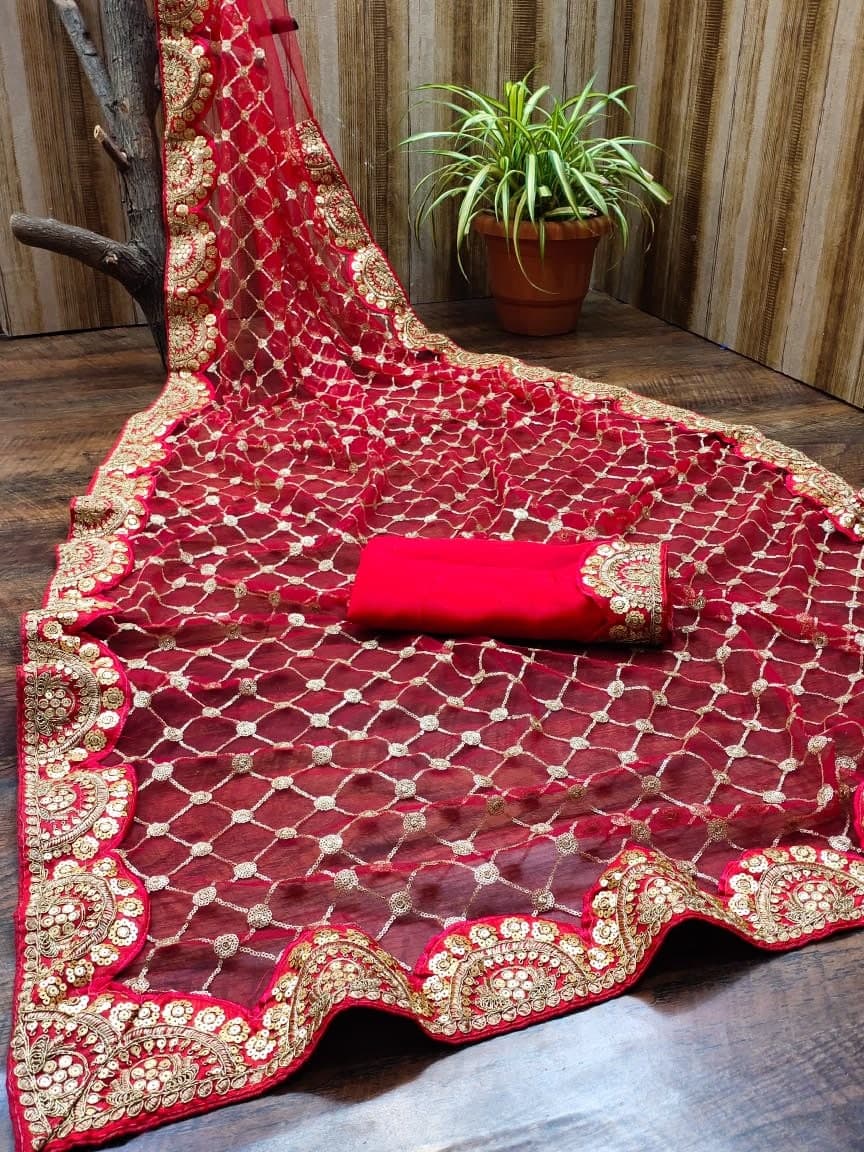 Blooming Red Color Net Sequence Work Occasion Wear Fancy Saree Blouse