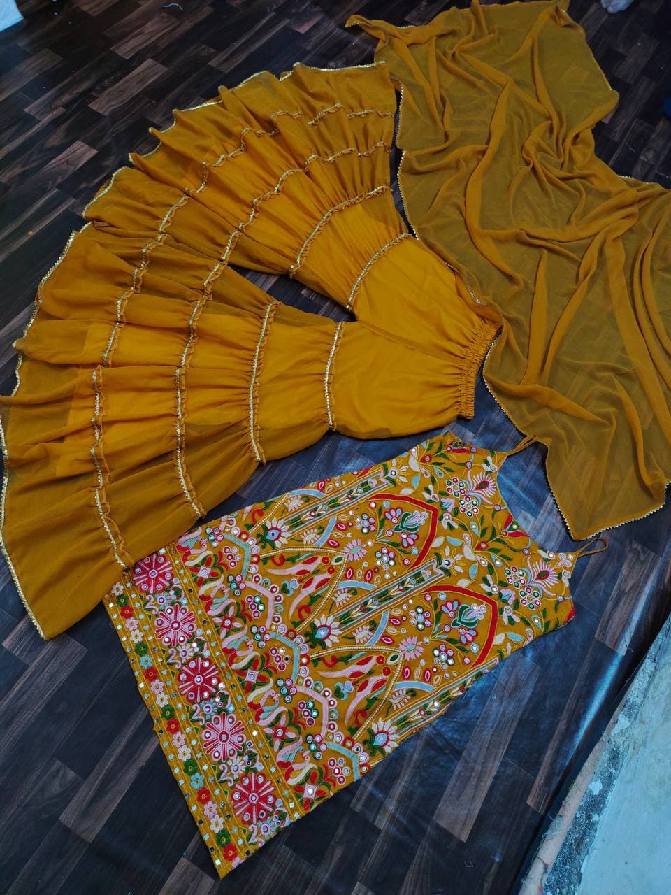Amazing Mustard Color Occasion Wear Mirror Work Georgette Sharara Suit