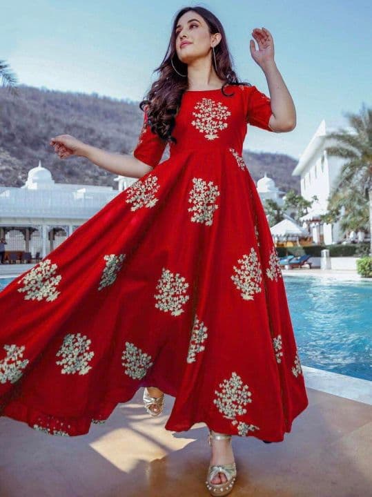 Flamboyant Red Color Ready Made Rayon Printed Work Gown