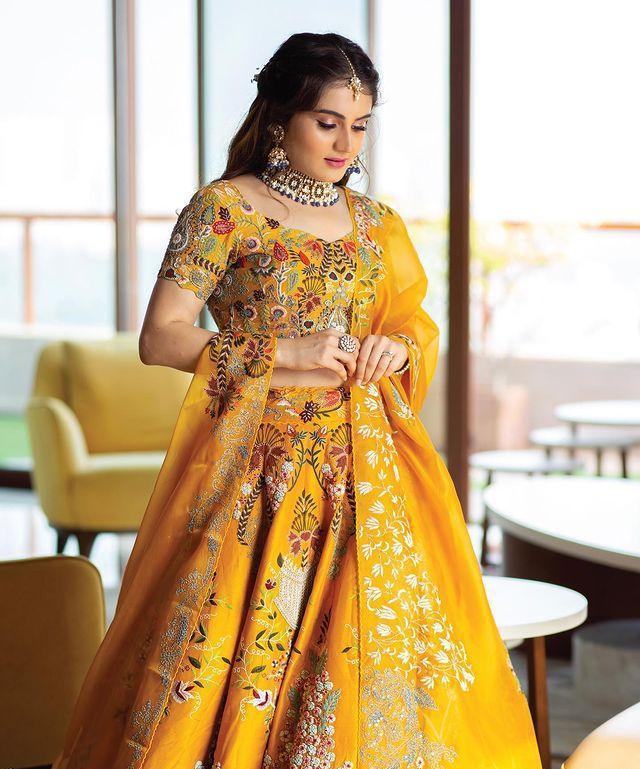 Adorable Yellow Color Festival Wear Satin Machine Embroidered Work Satin Lehenga Choli