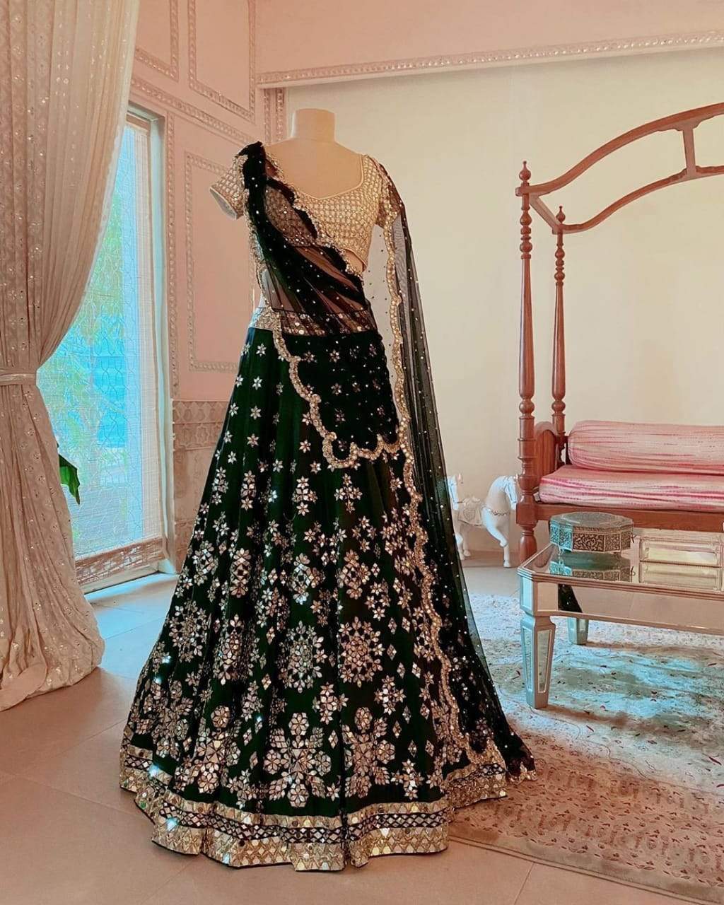 Stunning Green Color Malay Satin Occasion Wear Embroidered Work Fancy Lehenga Choli