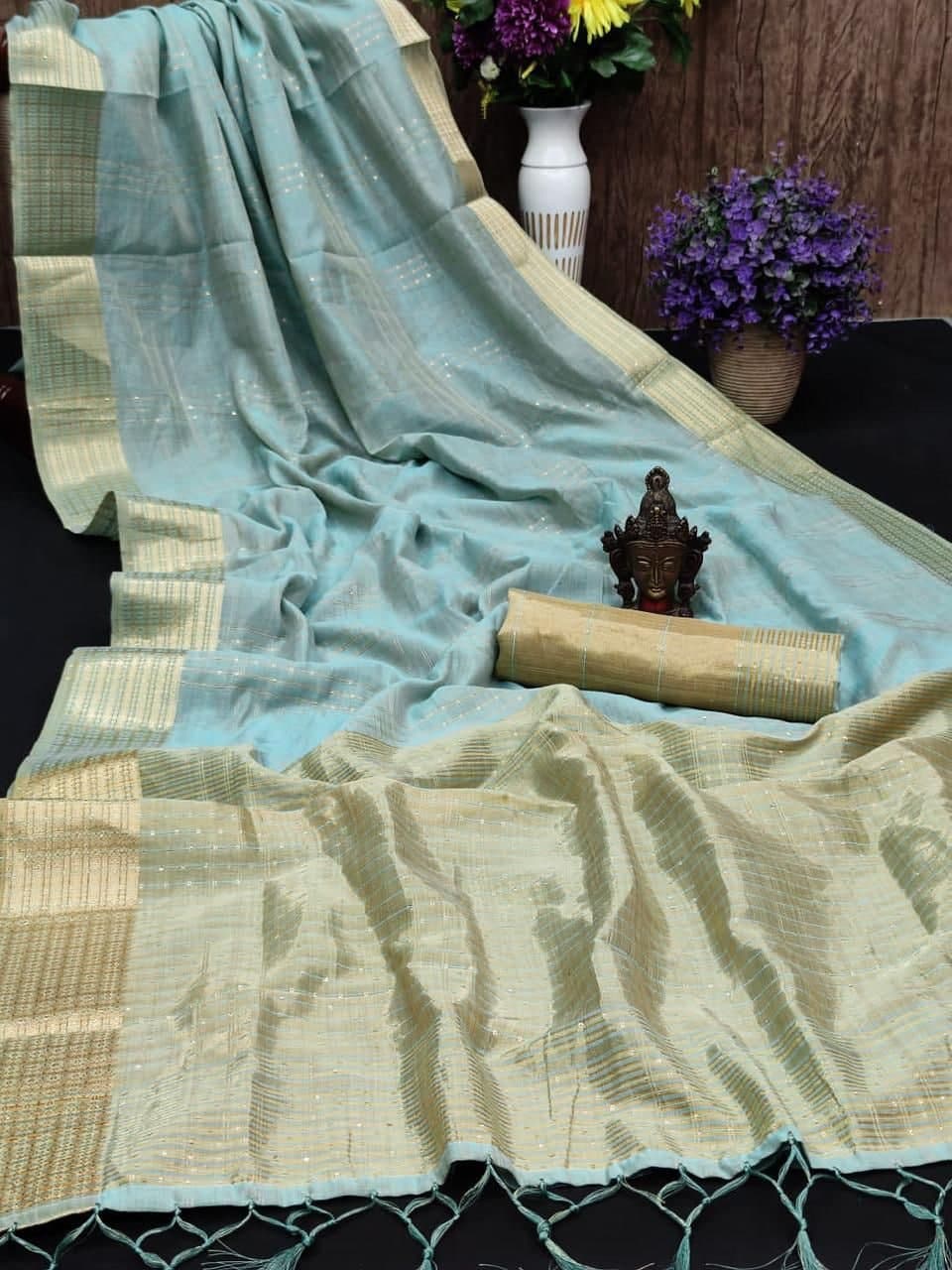 Phenomenal Light Blue Color Cotton Jacquard Weaving Golden Work Saree Blouse