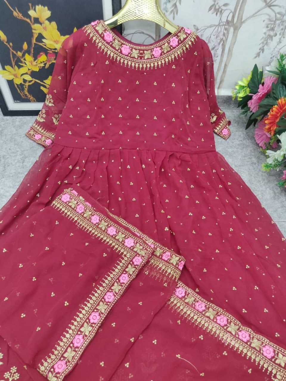 Engrossing Maroon Color Georgette Embroidered Work Party Wear Dupatta Gown