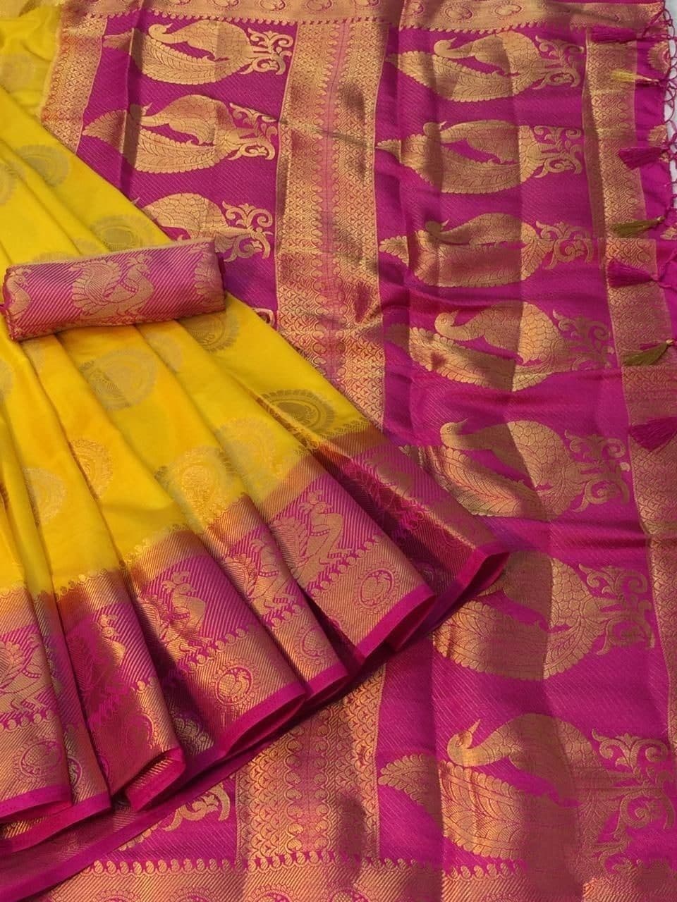 Gorgeous Yellow Color Nylon Silk Festive Wear Rich Pallu Saree Blouse