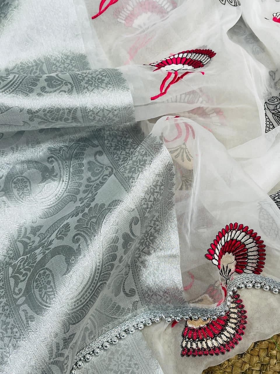 Marvalous Grey Color Festive Wear Organza Embroidered Work Saree Blouse